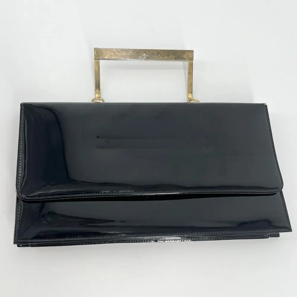 80s shiny black clutch bag 1980s vintage